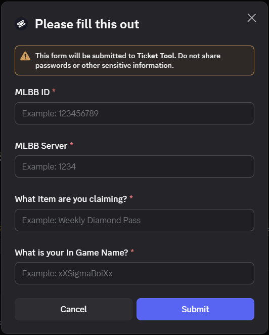Mobile Legends item form